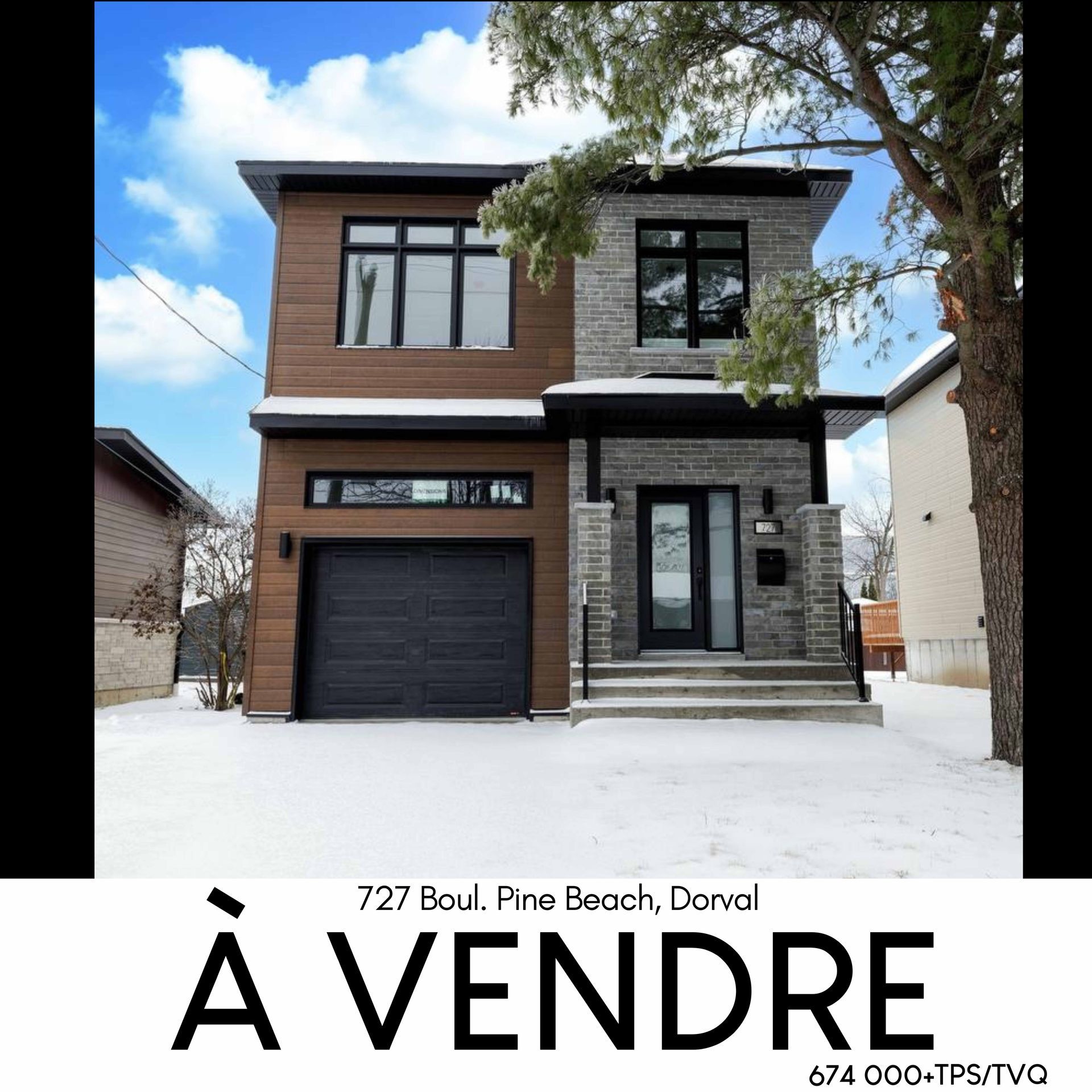 Maison moderne à deux étages à vendre à Dorval, Québec, avec revêtement brun et gris, une porte de garage noire et une cour enneigée.