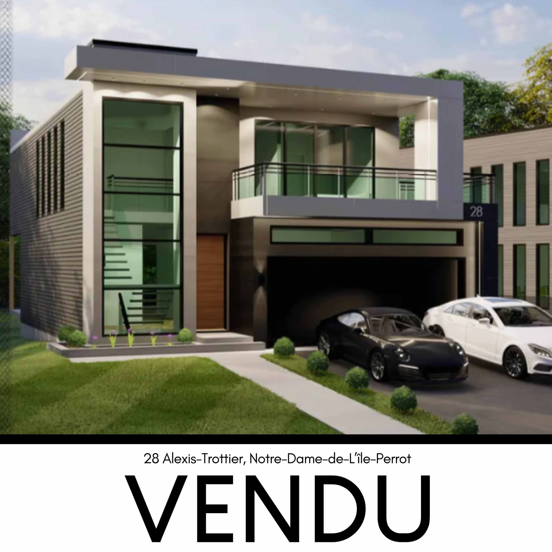 Maison moderne à étage avec garage et murs de verre; étiquetée 