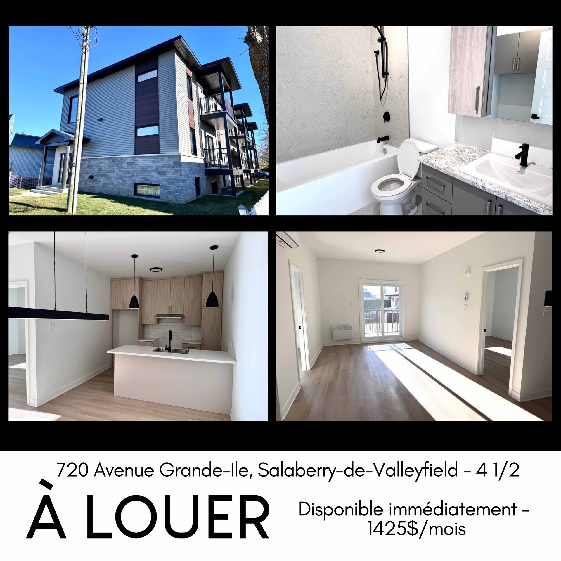 Appartement à louer : vues extérieures et intérieures d'une unité moderne 4 1/2 au 720 Avenue Grande-lle, Salaberry-de-Valleyfield, pour 1425$/mois.