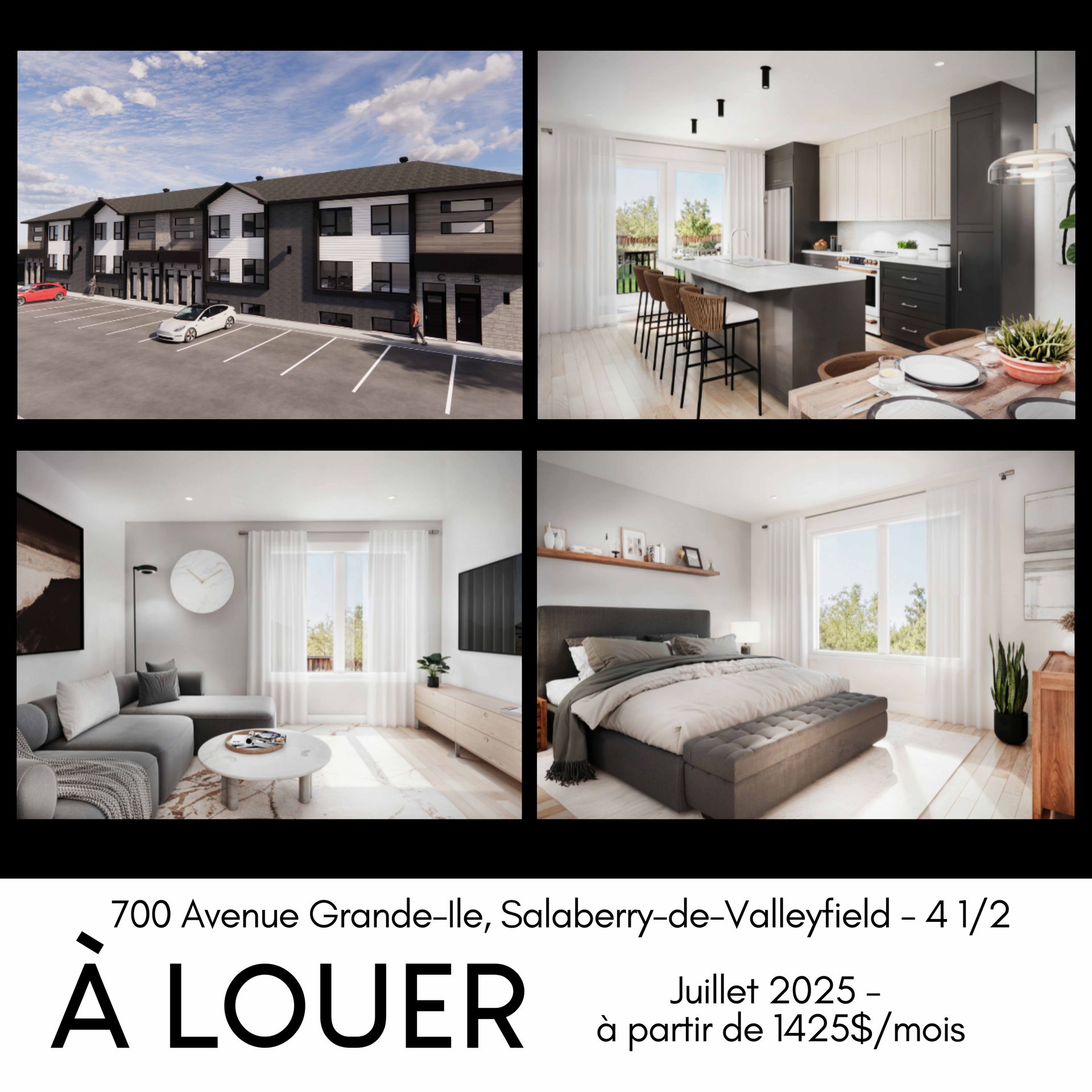 Annonce de location d'appartement : Vue extérieure d'une maison de ville moderne, cuisine, salon et chambre à coucher, à Salaberry-de-Valleyfield. Disponible dès juillet 2025, à partir de 1 425 $/mois.