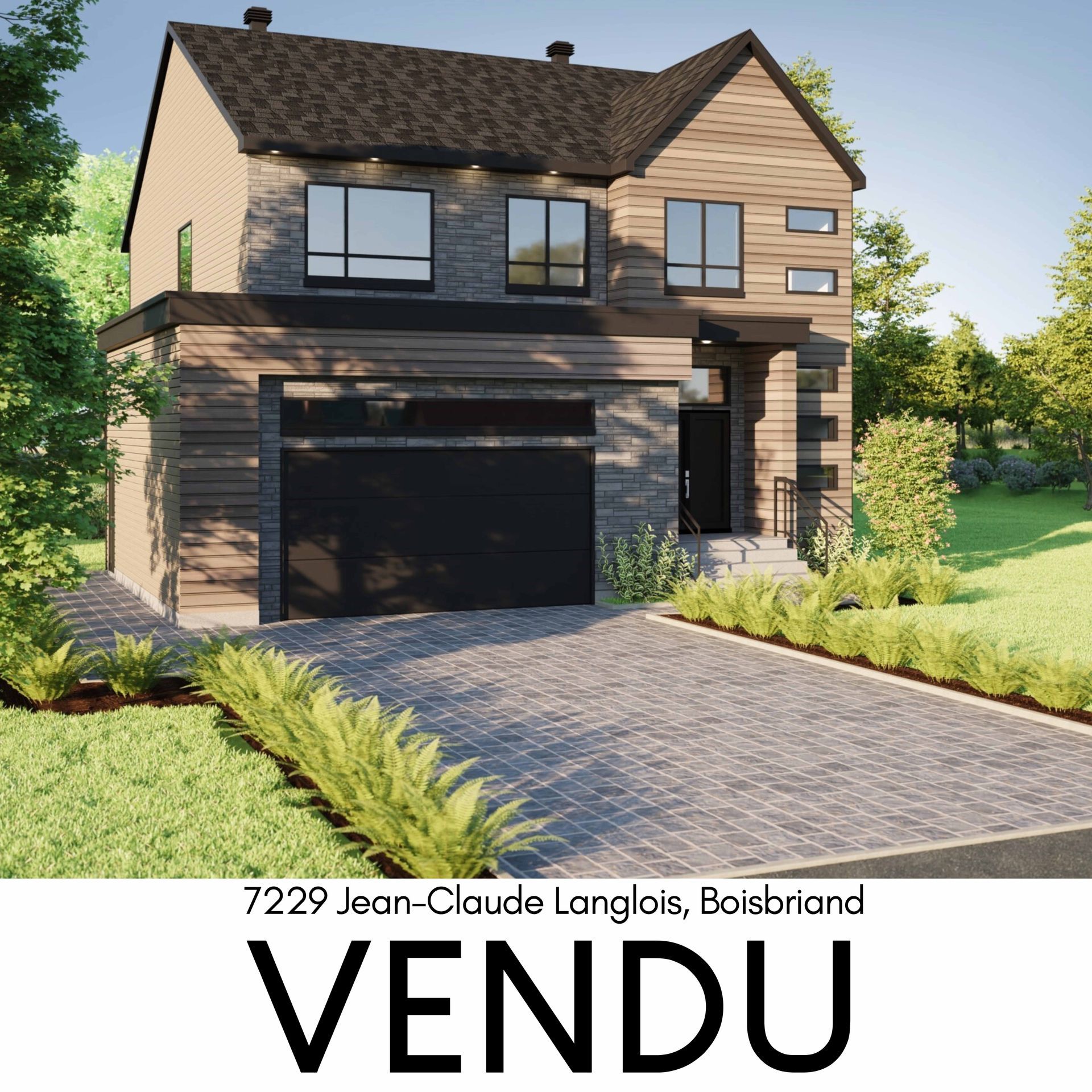 Maison à étage avec architecture moderne, panneau vendu devant, façade grise et bois, allée et aménagement paysager.