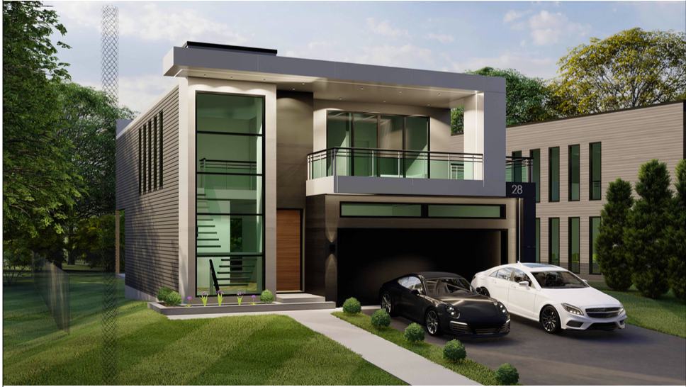 Maison moderne à deux étages avec baies vitrées, balcon et garage. Deux voitures sont garées dans l'allée sur une pelouse.