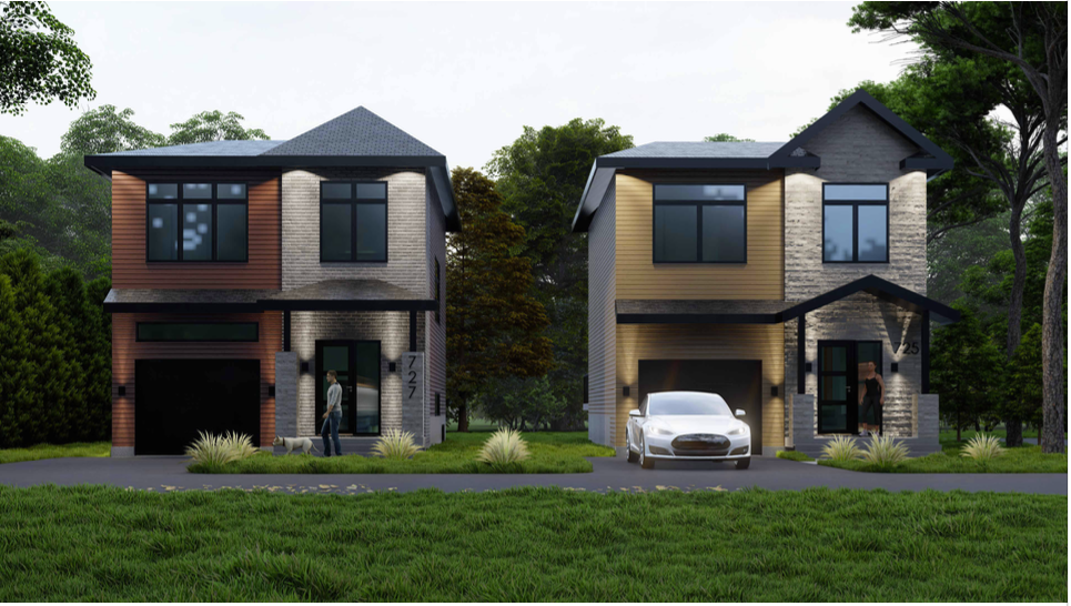 Deux maisons modernes en pierre et bardage bois, chacune avec un garage et une voiture garée devant, sur une pelouse gazonnée.