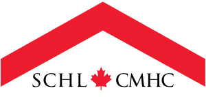 Chevron rouge avec « SCHL » à gauche, une feuille d'érable rouge et « CMHC » à droite.