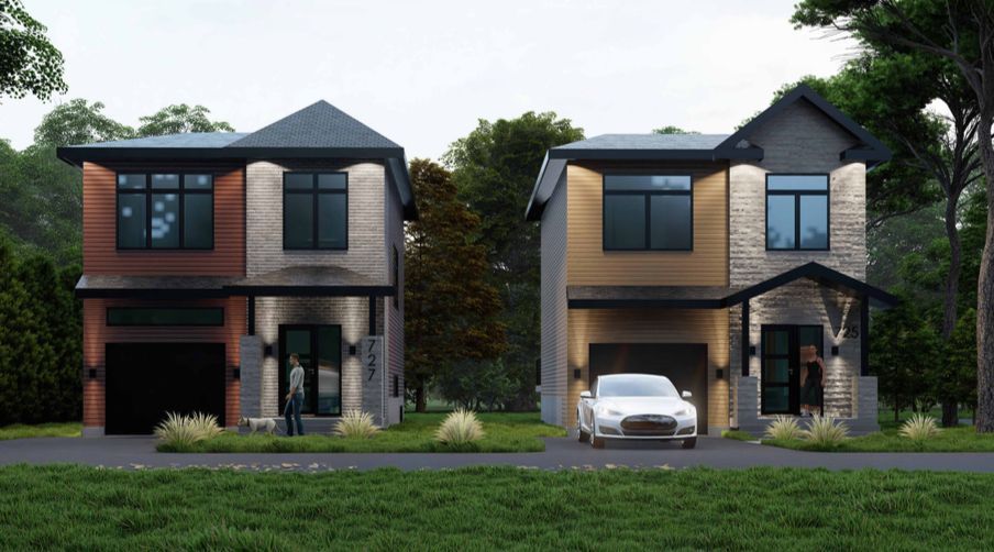 Deux maisons modernes avec garages et couleurs extérieures différentes ; une personne se tient près de l'une et une voiture est garée dans l'allée d'une autre.