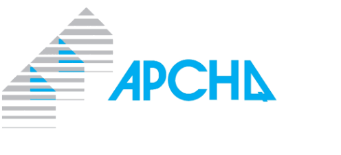 Logo comportant le mot « APCHA » en bleu sarcelle, à côté d'une forme géométrique composée de lignes grises et bleu sarcelle.