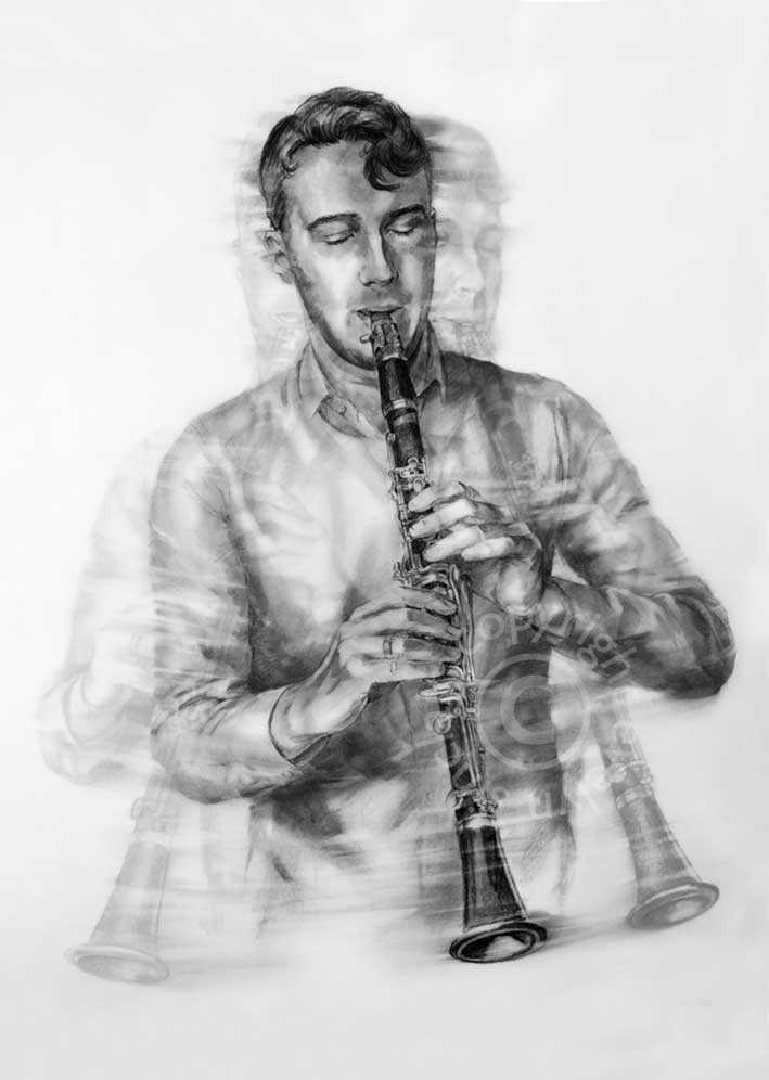 A charcoal drawing of a handsome young man playing a clarinet by artist Evelyn Sinclair, based in Kendal, Cumbria  in the Lake District.