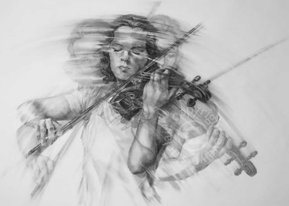 A charcoal drawing of a beautiful young woman playing a violin by artist Evelyn Sinclair, based in Kendal, Cumbria  in the Lake District.
