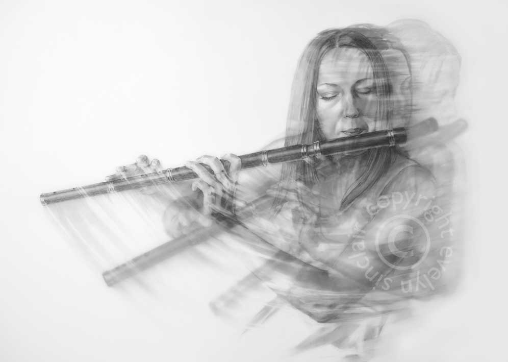 A charcoal drawing of a beautiful young woman playing a flute by artist Evelyn Sinclair, based in Kendal, Cumbria  in the Lake District.