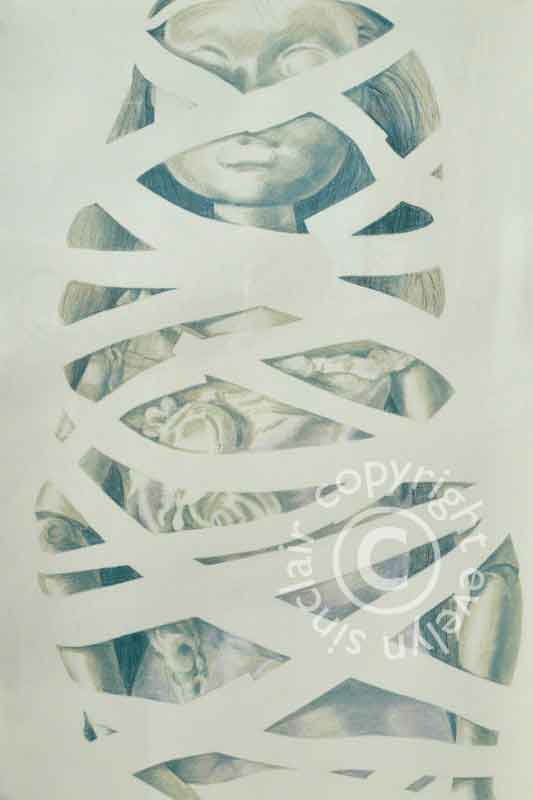 A pastel drawing of a wrapped doll by artist Evelyn Sinclair, based in Kendal, Cumbria the Lake District.