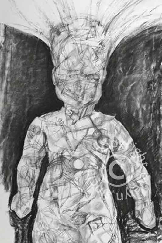 A 5ft tall charcoal drawing of a doll-shaped paper sculpture by artist Evelyn Sinclair, based in Kendal, Cumbria the Lake District.