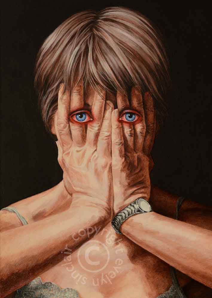A surrealist painting of a woman covering her face with her hands, but her eyes are still visible through her hands.