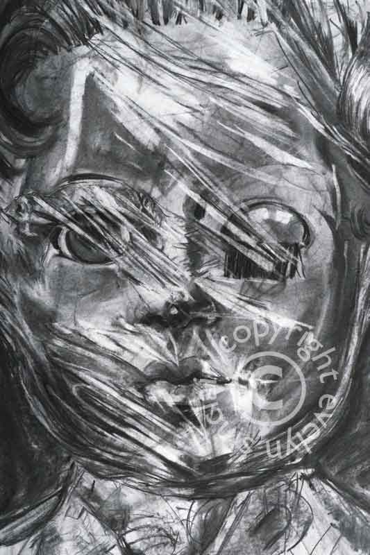 A charcoal drawing of a dolls face wrapped in cling film by artist Evelyn Sinclair, based in Kendal, Cumbria the Lake District.