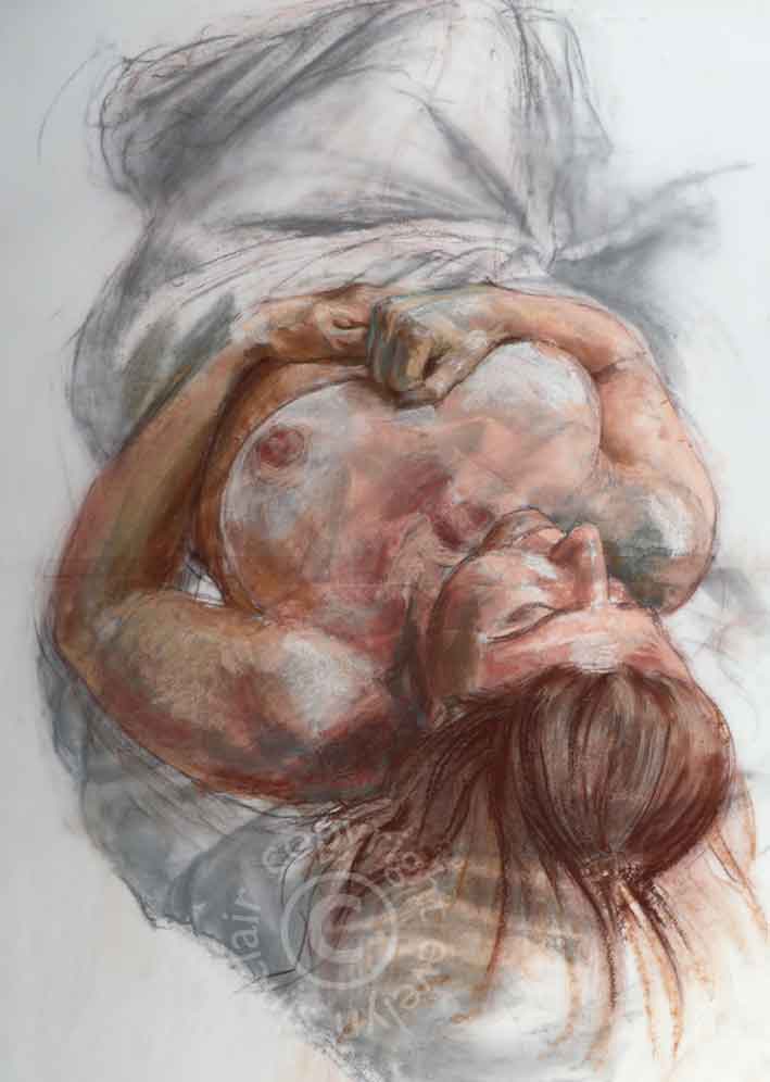 A life drawing of a nude woman in pastel and charcoal on multiple layers by artist Evelyn Sinclair, based in Kendal, Cumbria, the Lake District.