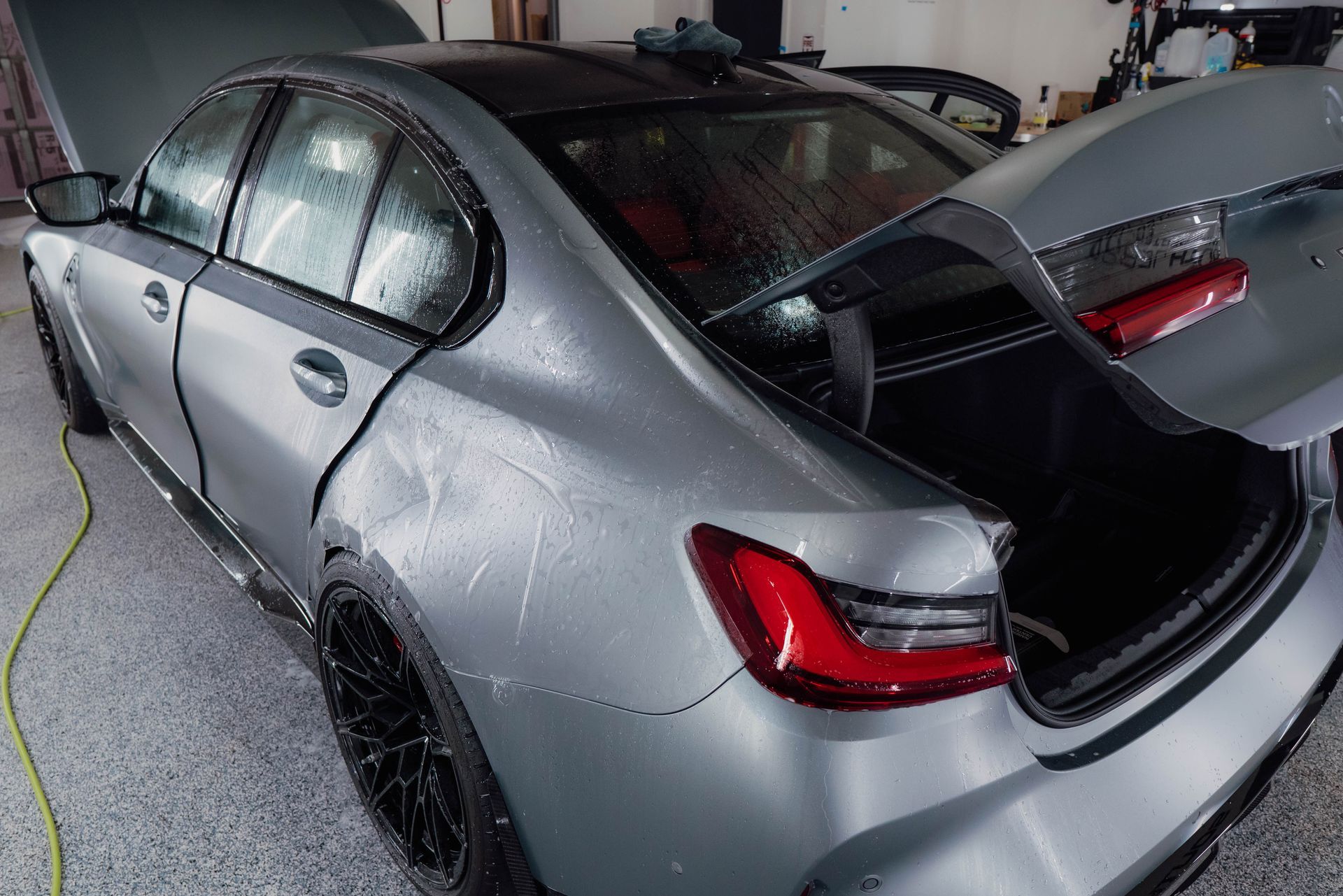 BMW M3 Competition in Frozen Gray getting matte paint protection film (PPF), ceramic coating, and window tint installed