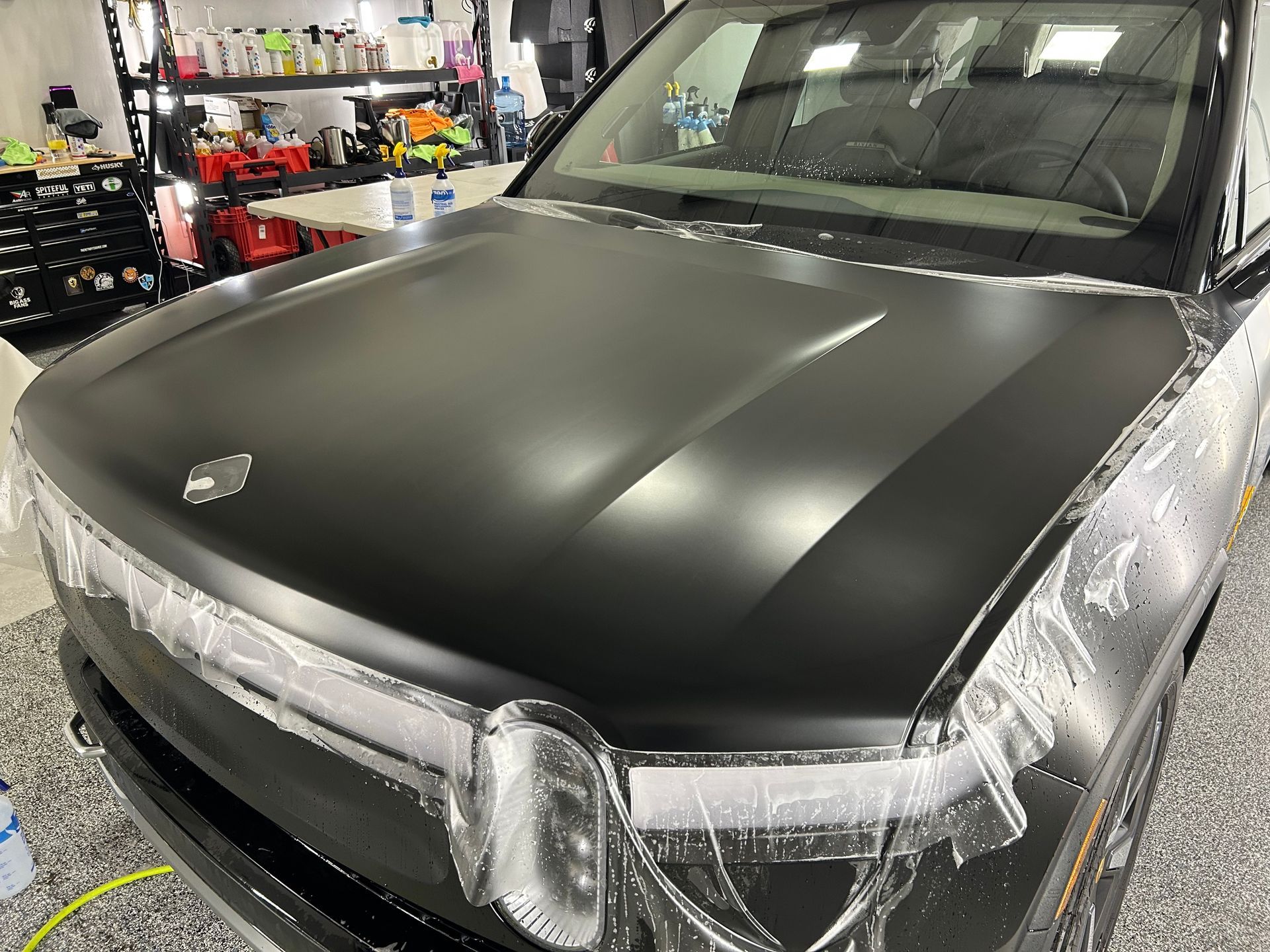 Rivian R1S getting full body matte paint protection film application by Suntek and a ceramic coating application by GTECHNIQ
