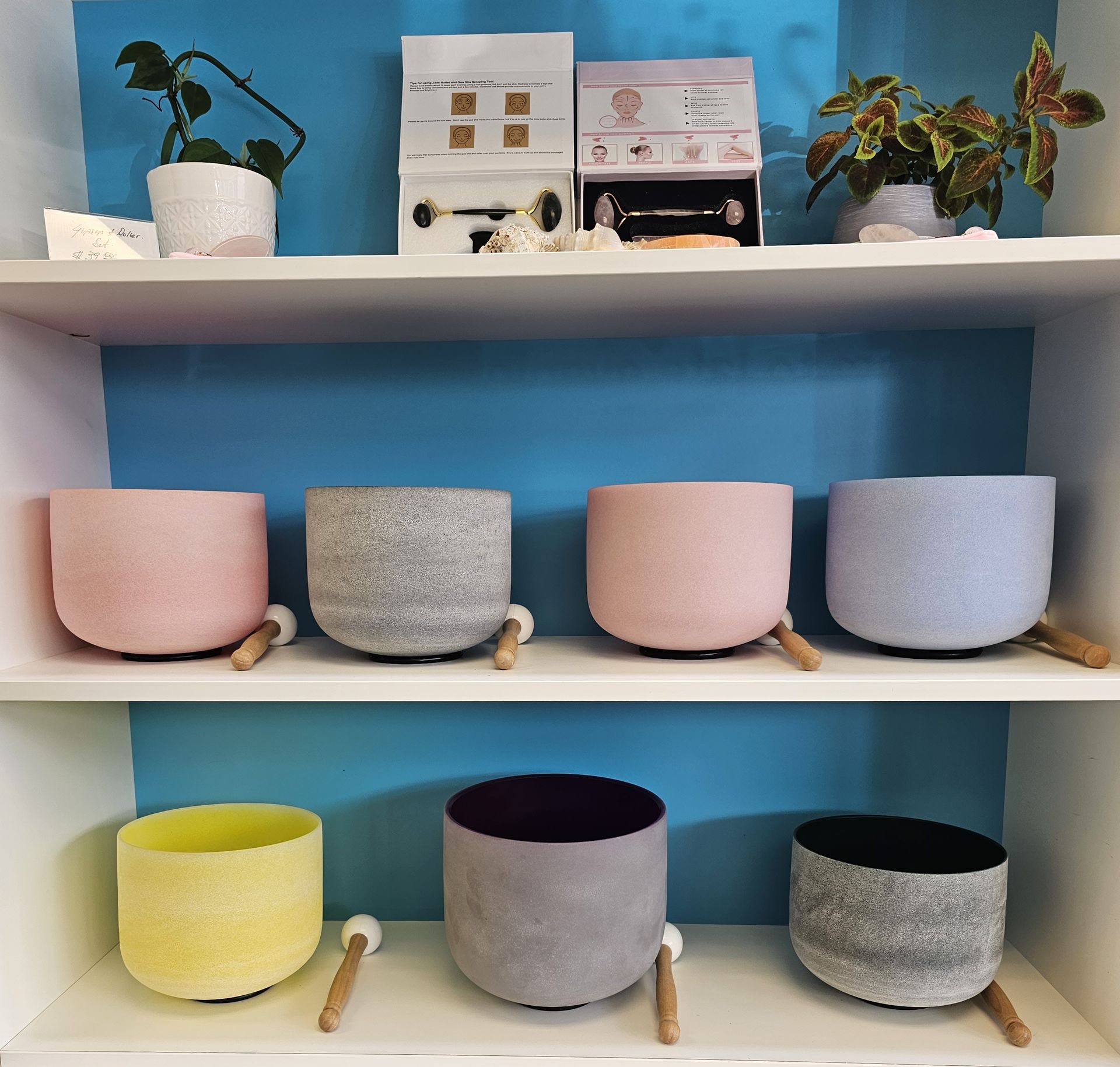 Shelves with singing bowls in various colors and sizes, mallets, and plants.