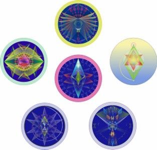 Seven colorful, circular, geometric art pieces.