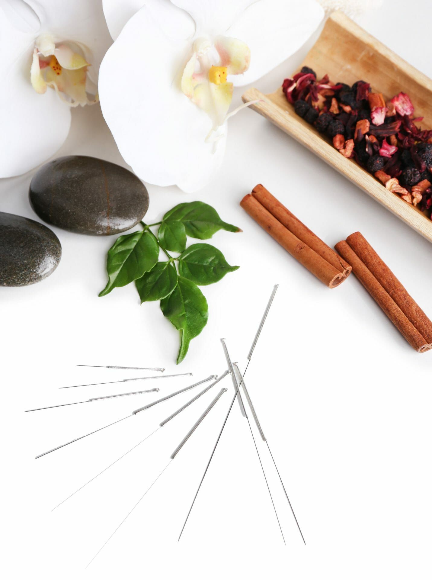 White orchids, stones, herbs, cinnamon, acupuncture needles, spa setting.
