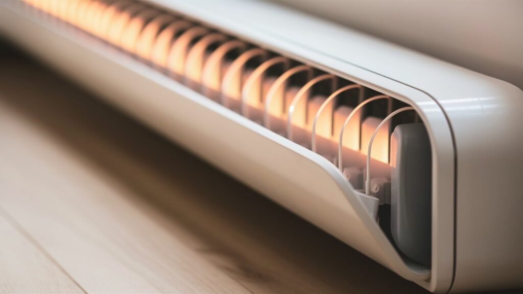 Close-up of a white electric space heater with glowing orange heating elements.