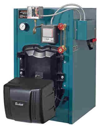 Blue oil-fired boiler with a black Beckett burner. Shows gauges, pipes, and control box.