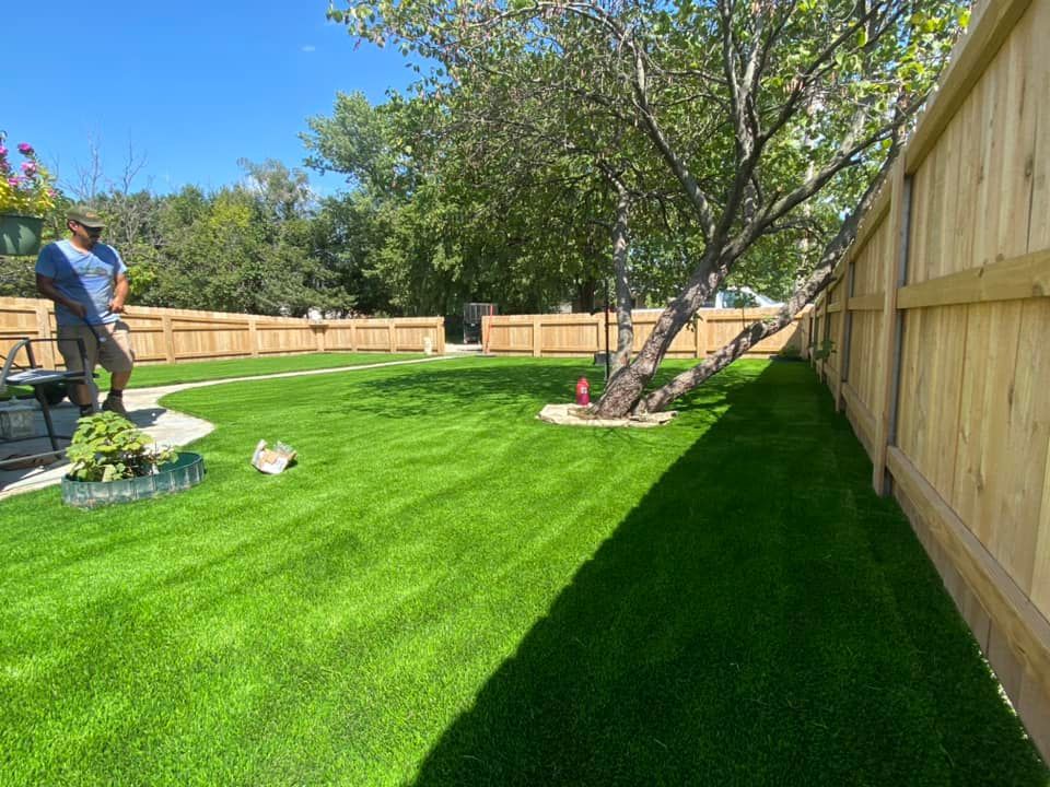A person mowing a bright green lawn in a fenced backyard with a tree and blue sky.