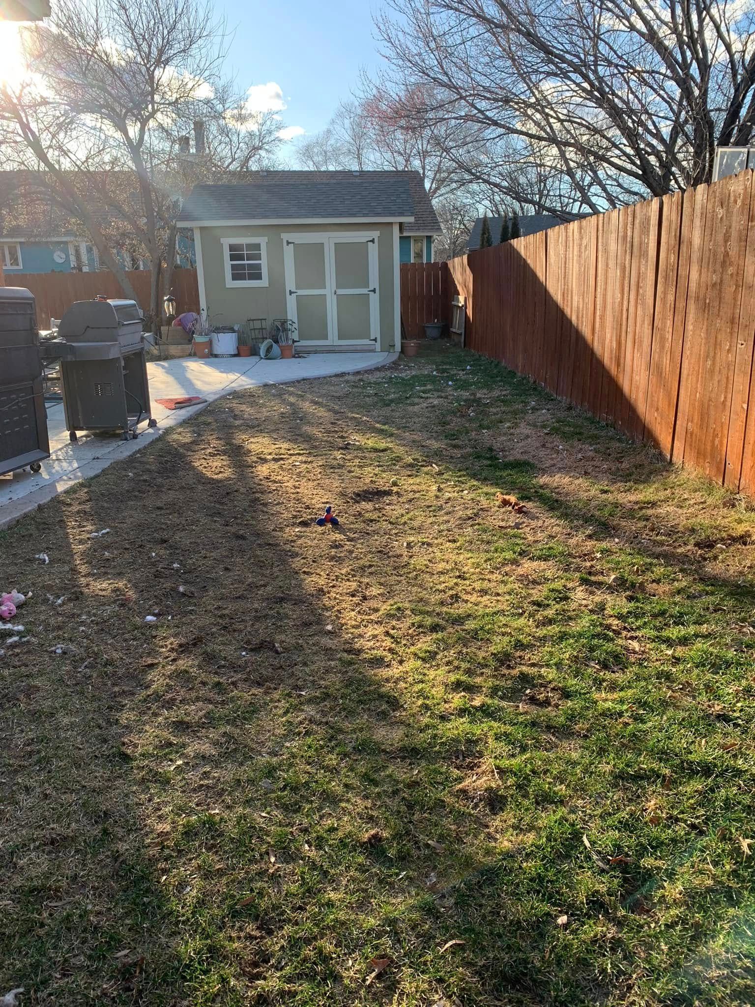 Backyard with brown grass, a shed, and a wooden fence.