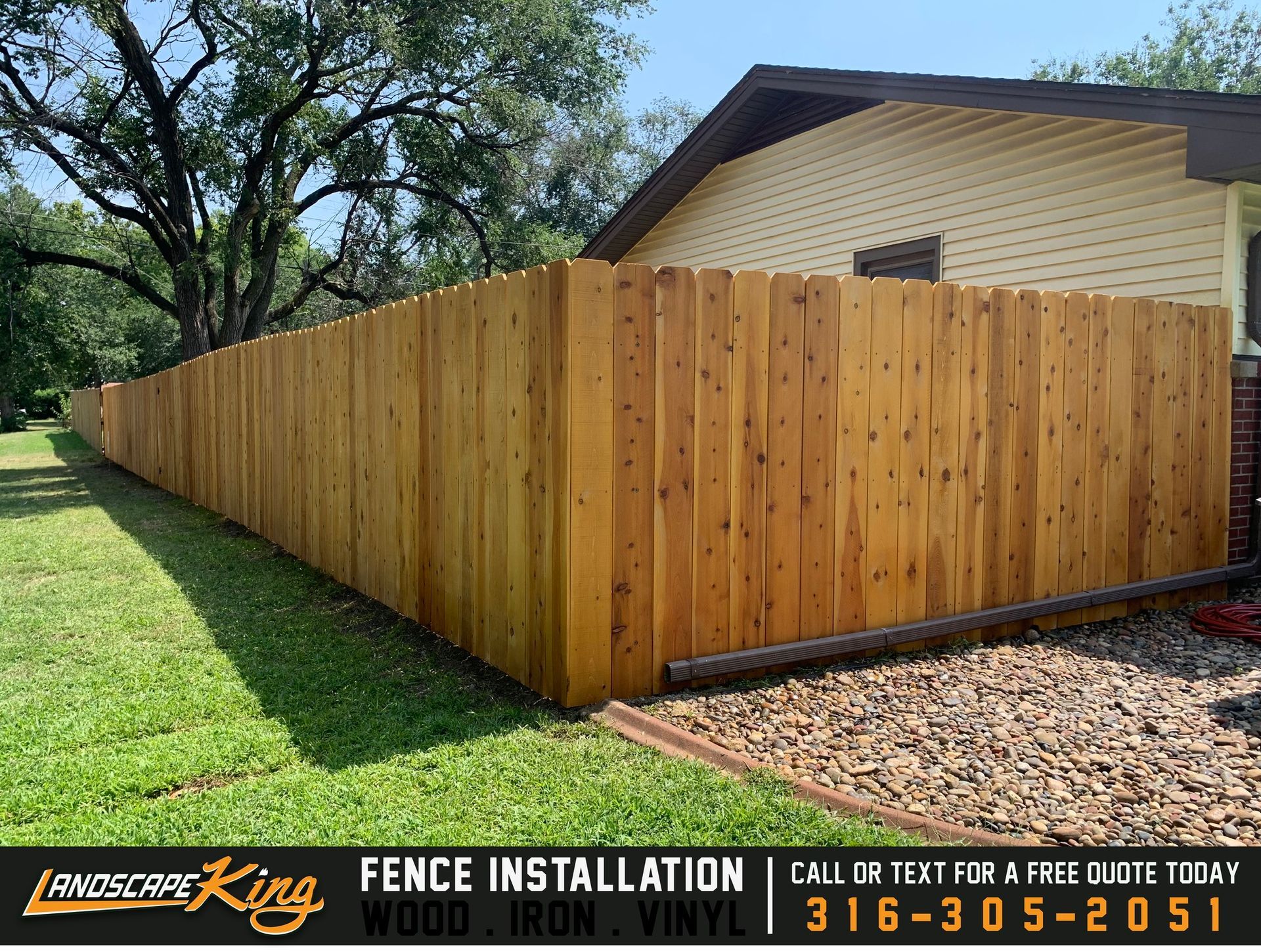 A wooden fence installed in a yard, text overlay: Fence installation, phone number.