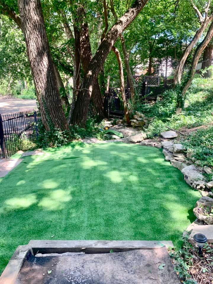 Green turf yard surrounded by trees, stone wall, and black fence. Sunny outdoor setting.