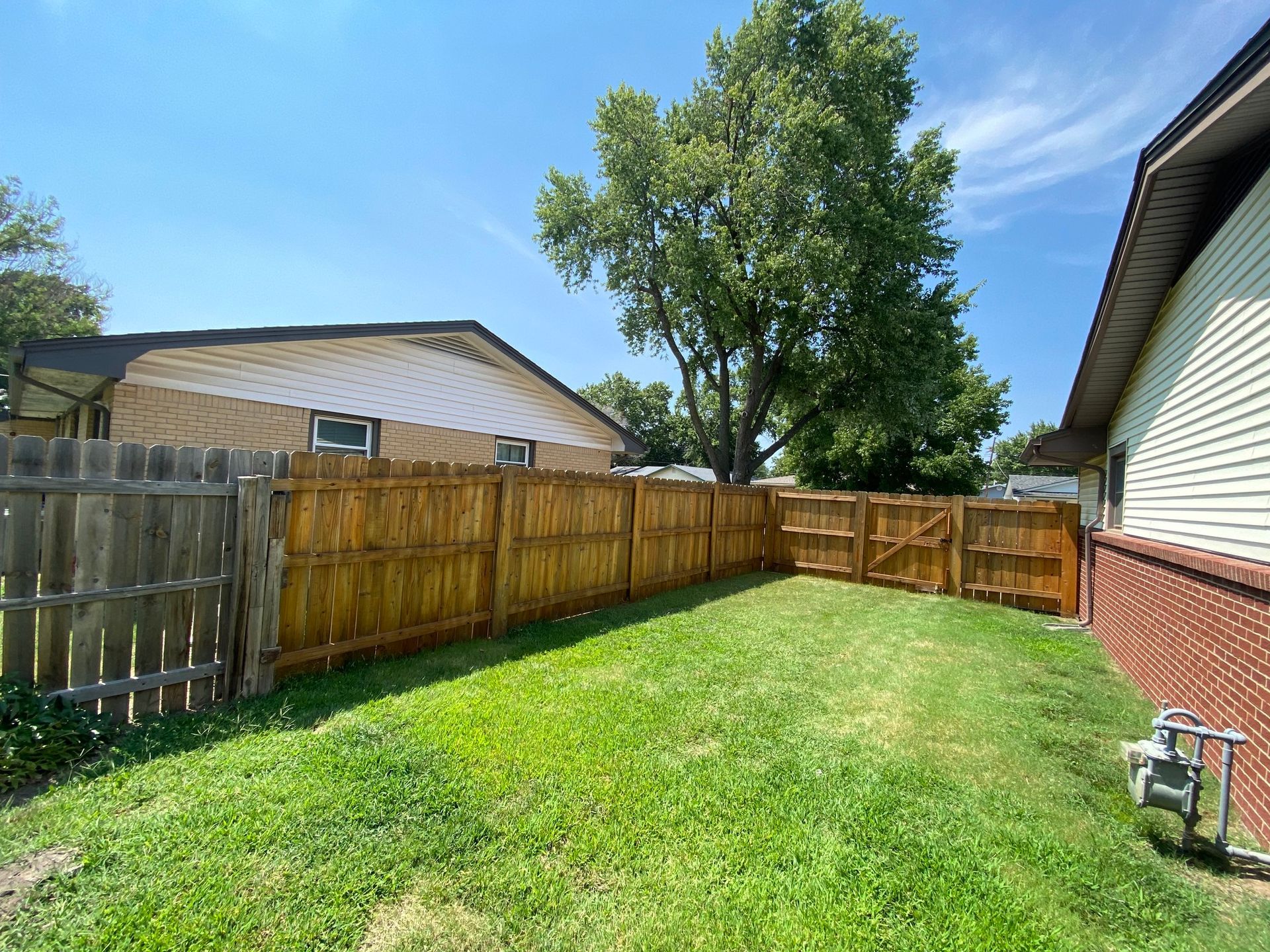 A backyard with a wooden fence, green grass, and a sunny blue sky.