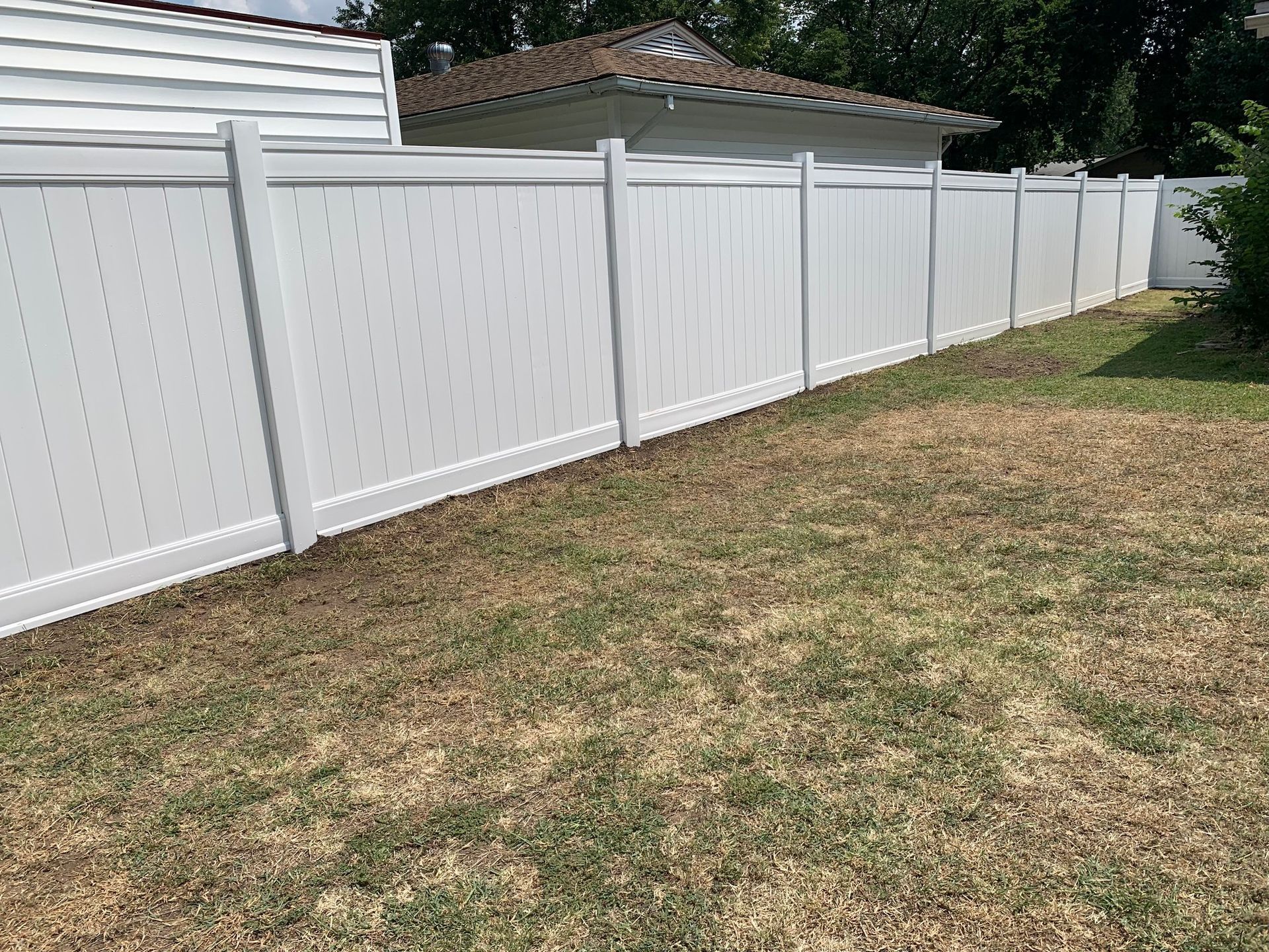 White vinyl fence in backyard with dry grass.