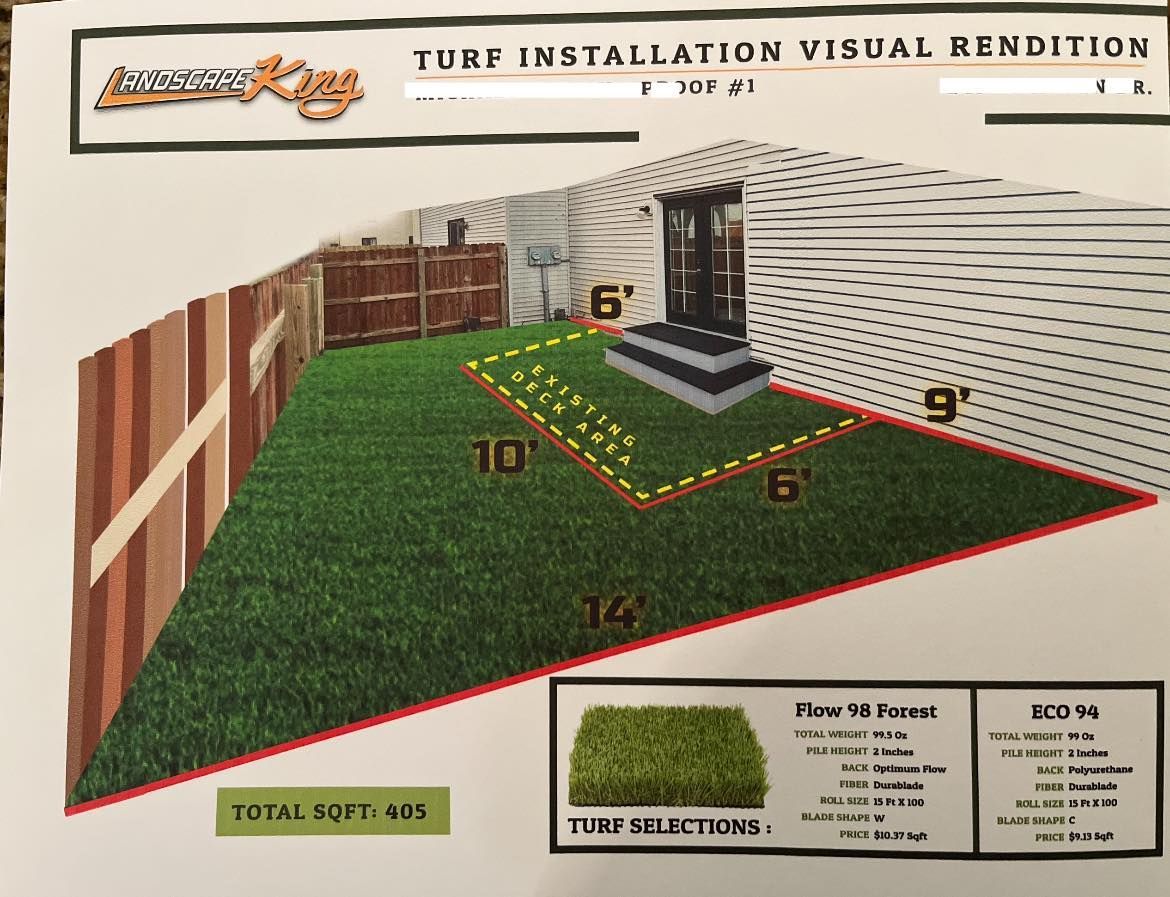 Turf installation visual rendering of a backyard, showing new turf with dimensions and a fence.