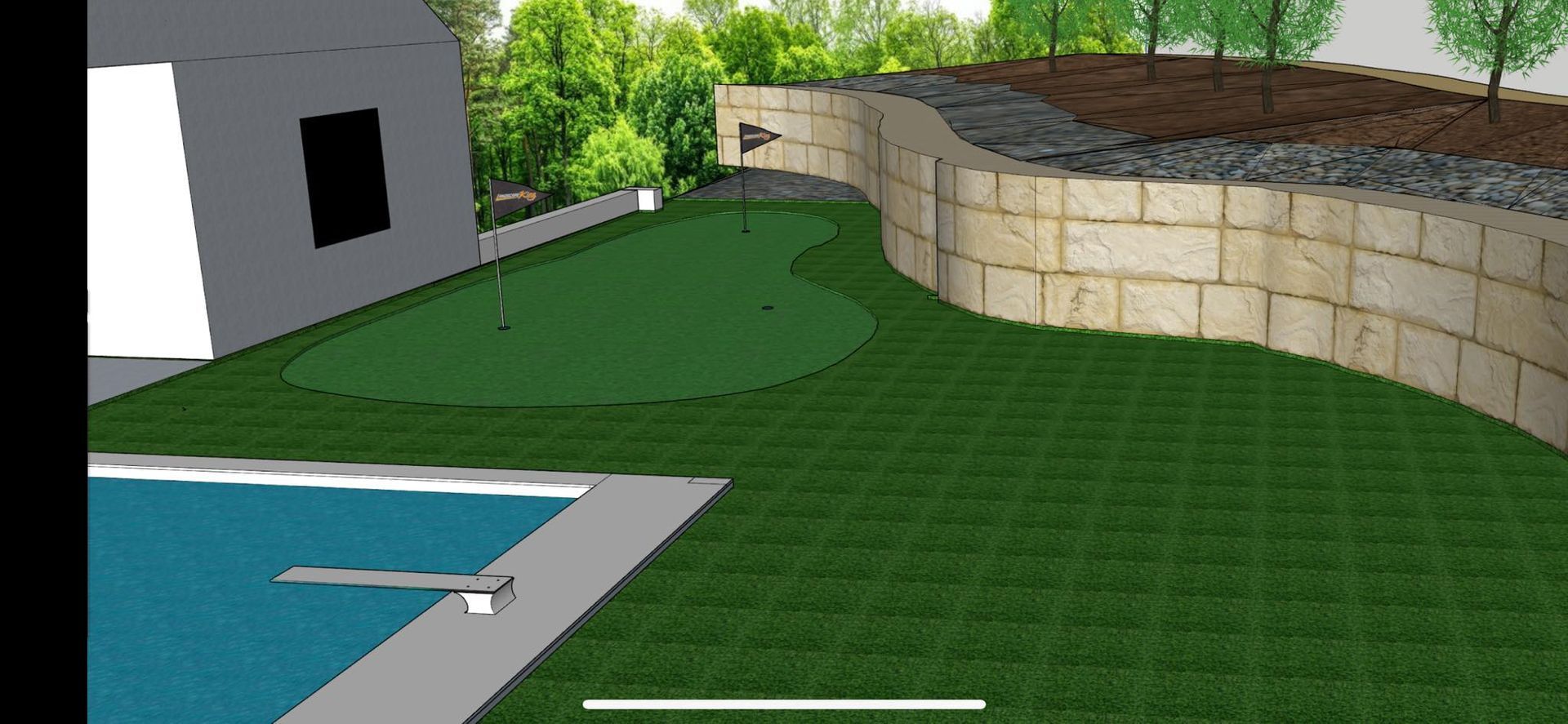 A backyard scene with a pool, putting green, and a retaining wall.