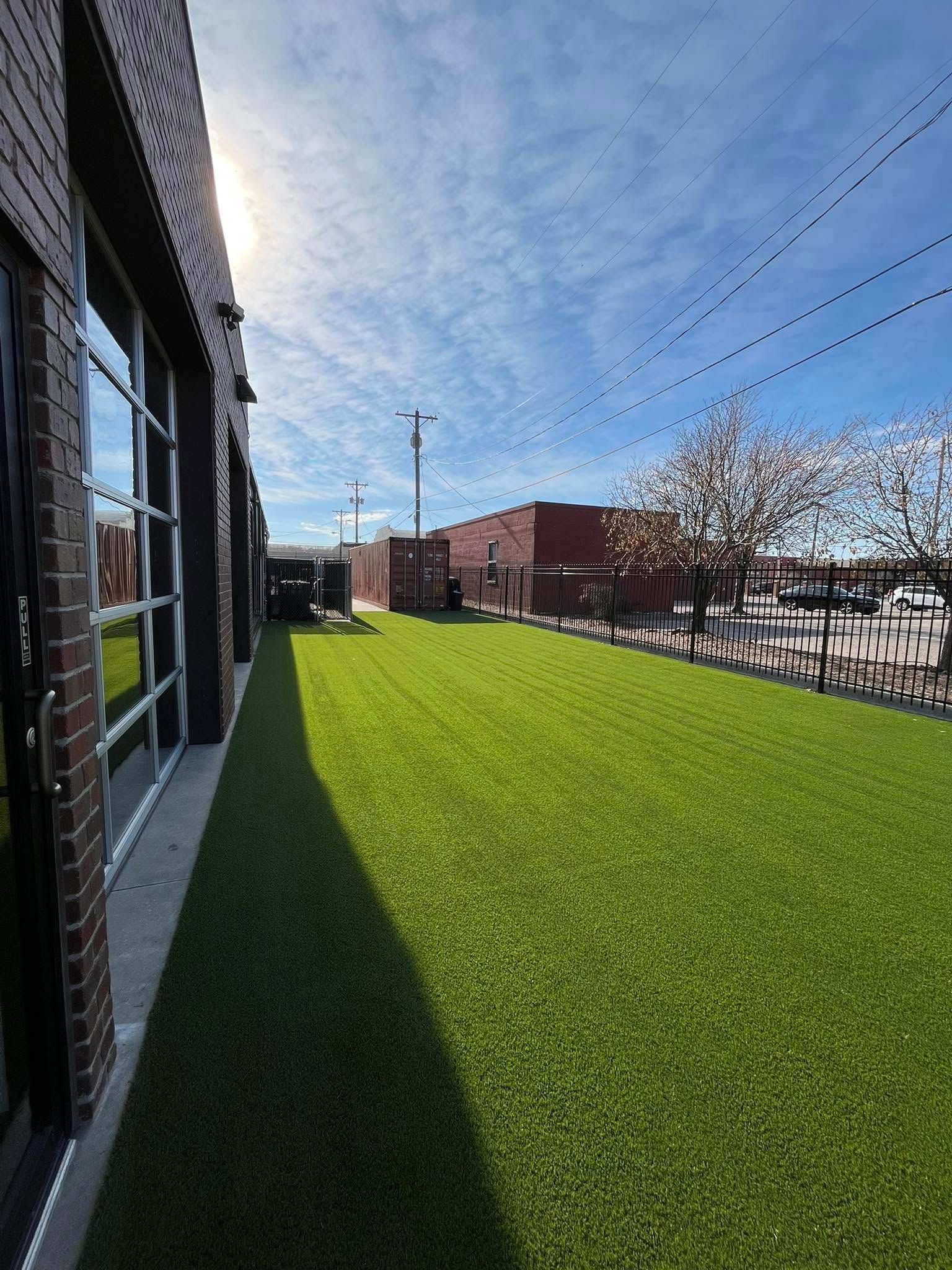 Green turf beside a brick building under a sunny, blue sky.