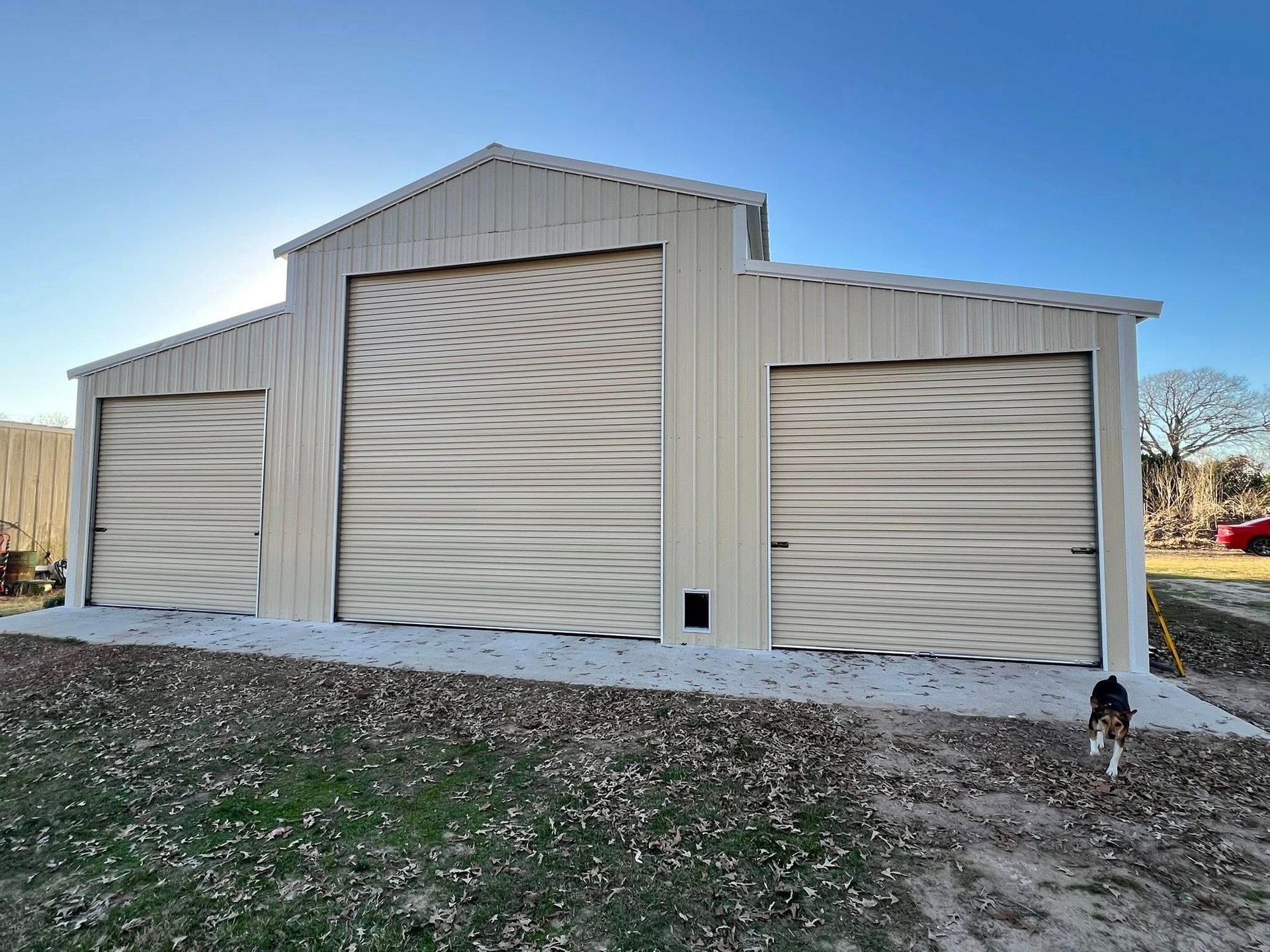 Metal barn with three garage doors on a concrete slab, with a dog in the grass.