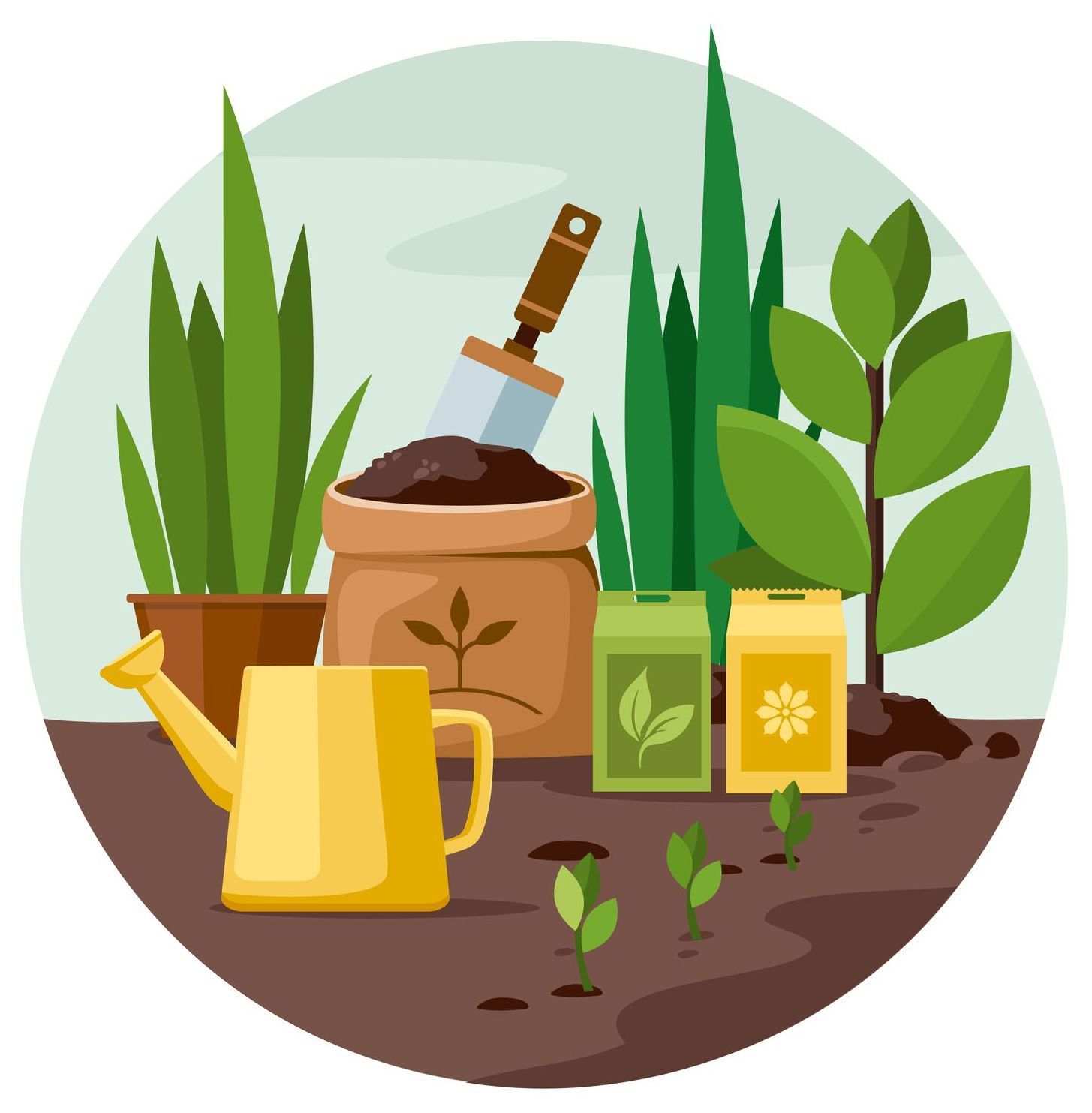 Un'illustrazione in stile fumetto di un giardino con piante, un annaffiatoio e una pala.