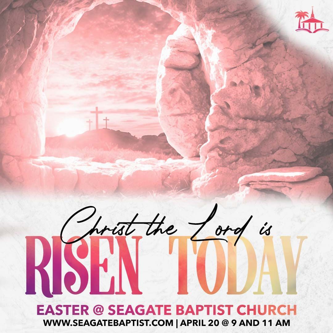 Easter announcement: Empty tomb with cross. 