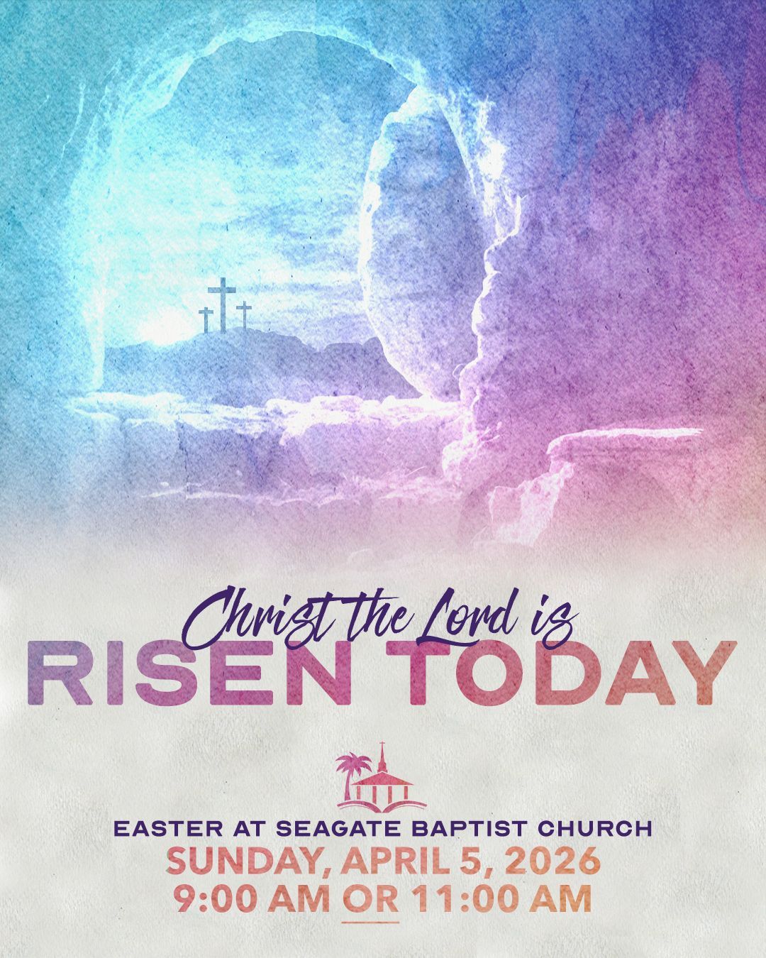 Easter announcement: Empty tomb with cross. 