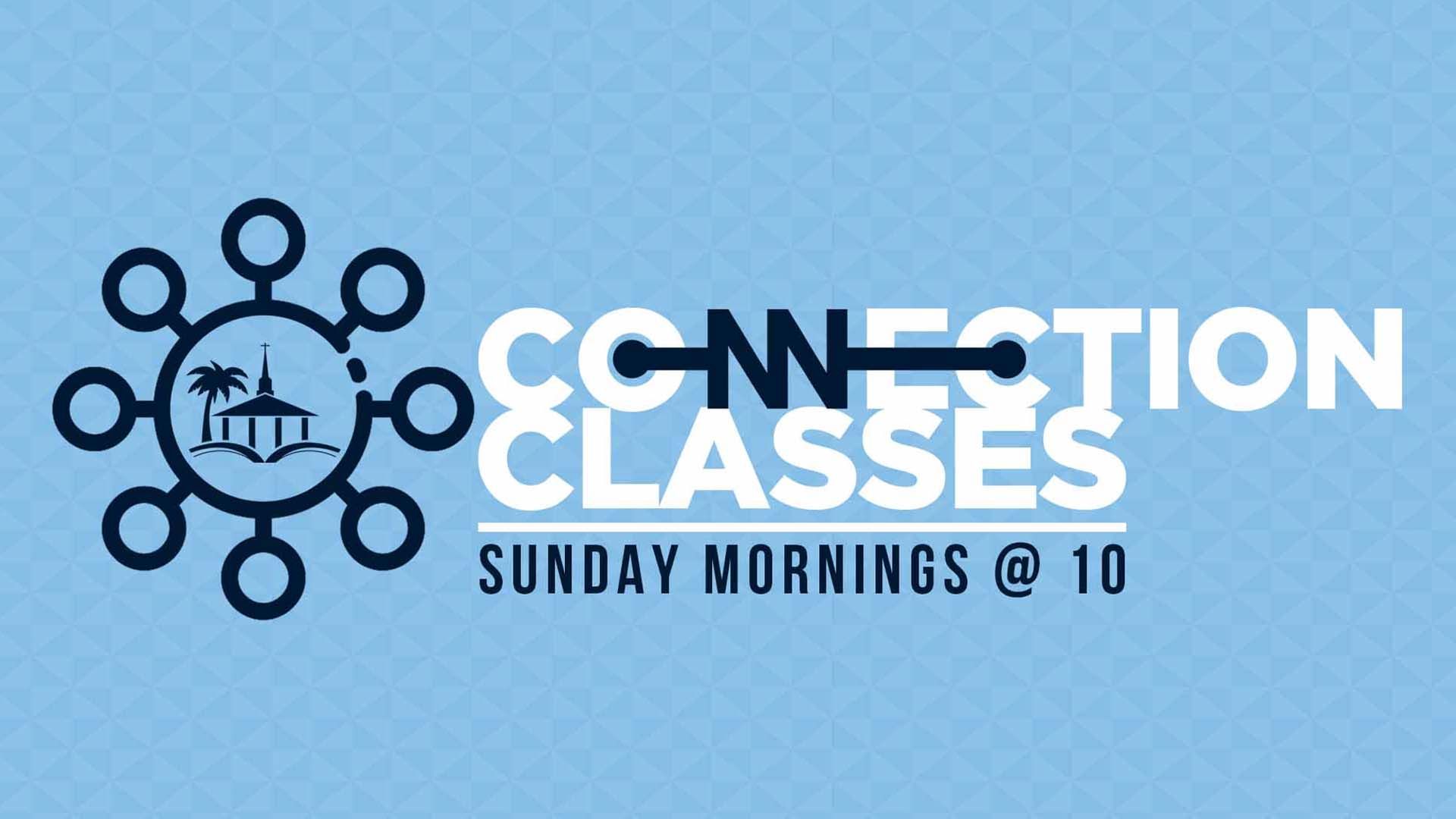 Light blue graphic: Connection Classes, dark blue logo with palm tree, text