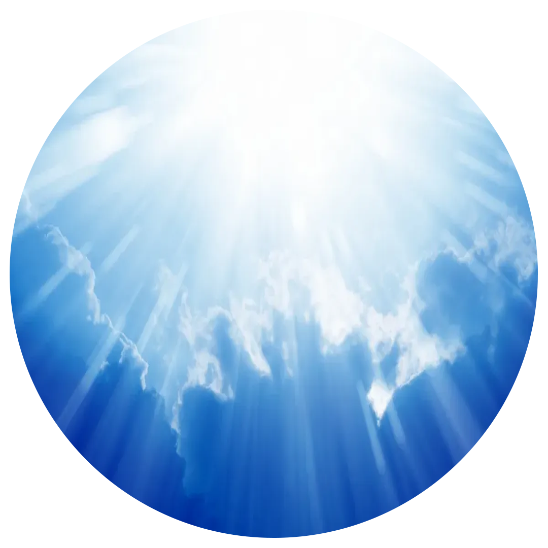 Blue sky with white clouds, sun rays radiating from the top of the circle.