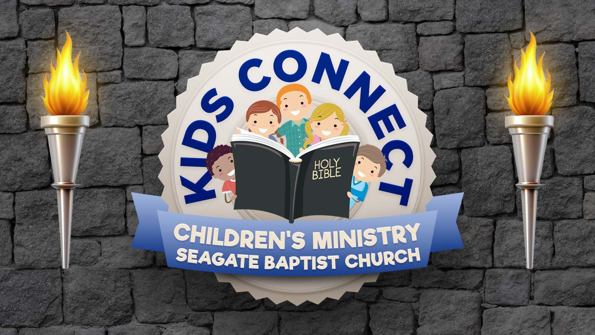 Kids Connect logo with children, open Bible, torches, and Children's Ministry information against a stone wall.