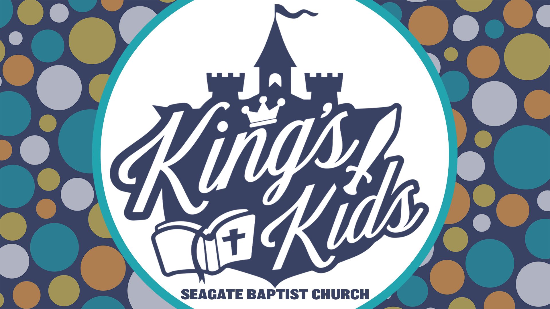 King's Kids logo for Seagate Baptist Church. Includes a castle, open book, and blue and white lettering on a blue background.