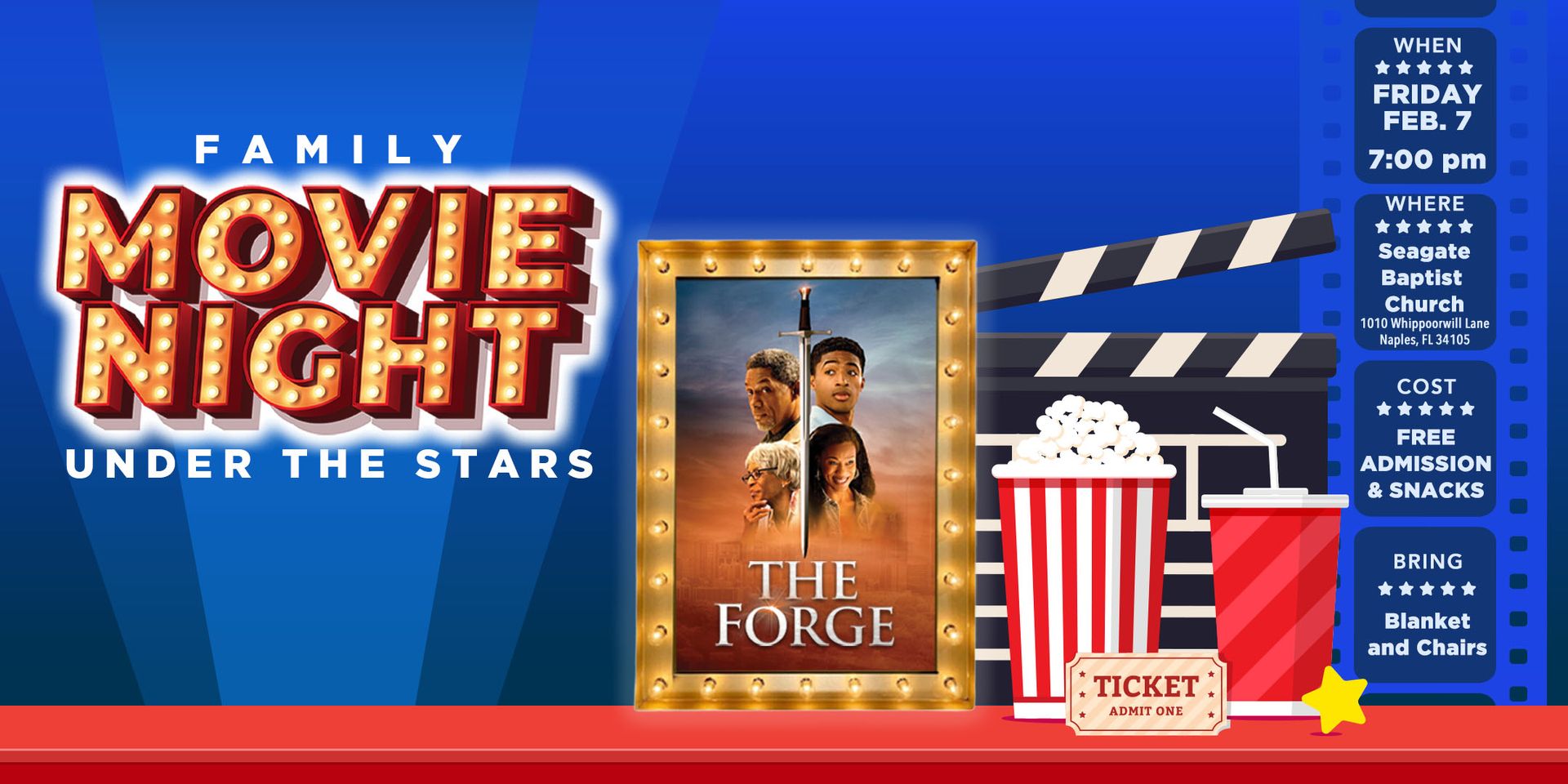 Family Movie Night poster. Features film 'The Forge', popcorn, clapboard, blue background, and event details.