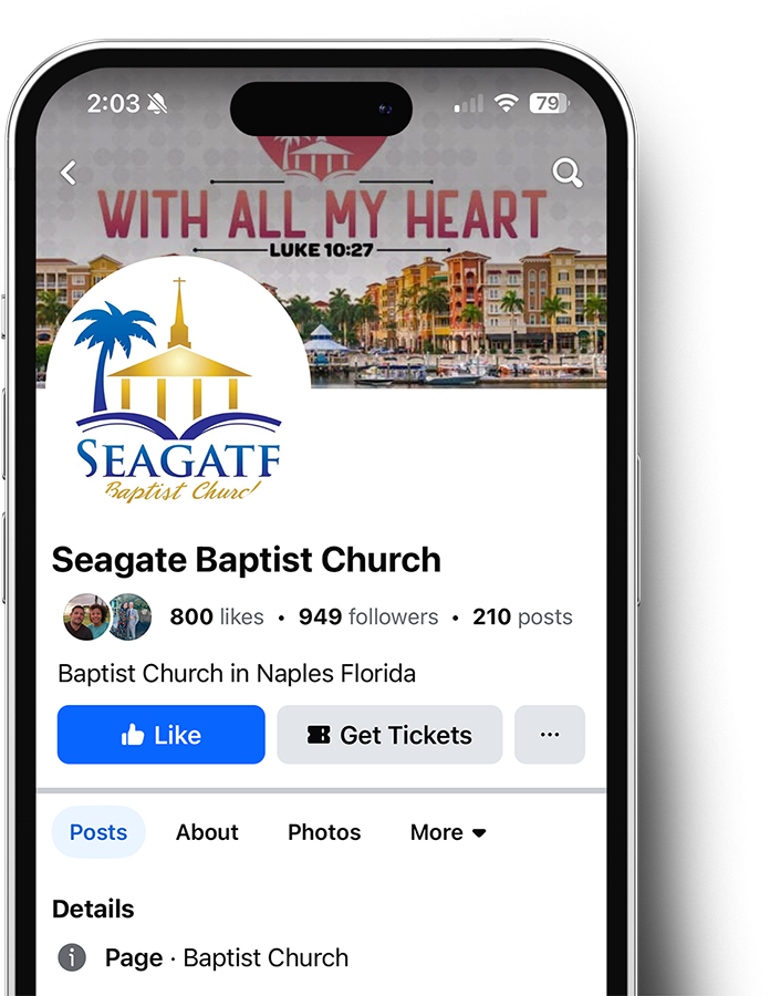 Seagate Baptist Church Facebook page on a phone. Logo, cover photo with text