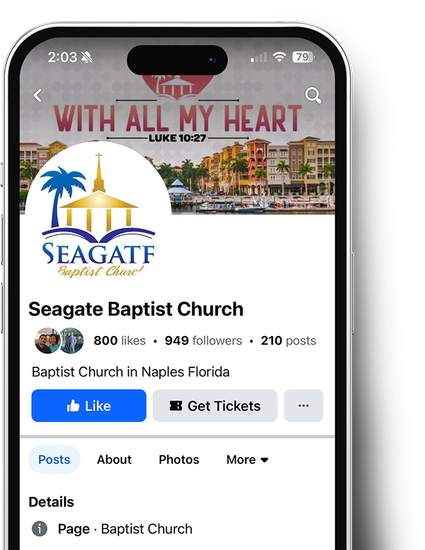 Seagate Baptist Church Facebook page on a phone. Logo, cover photo with text