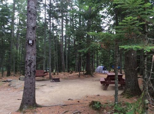 A tent is sitting in the middle of a forest next to a picnic table.