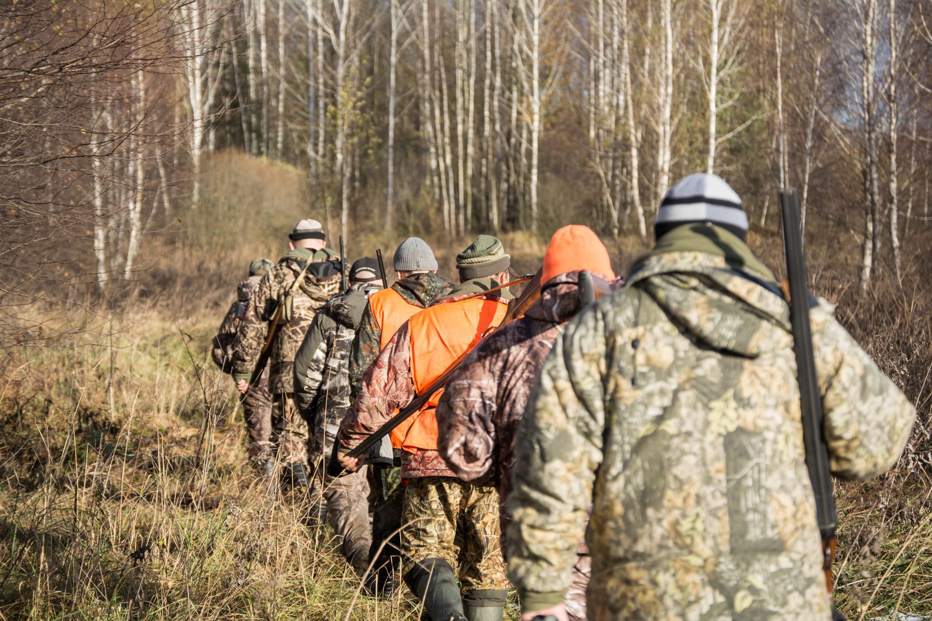 A group of hunters are walking through a field.