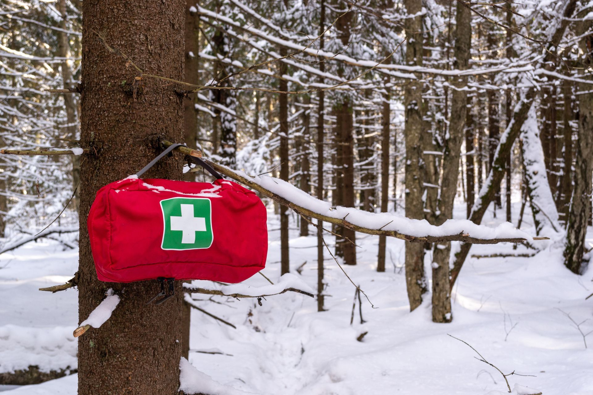 A red first aid kit is hanging from a tree in the snow.