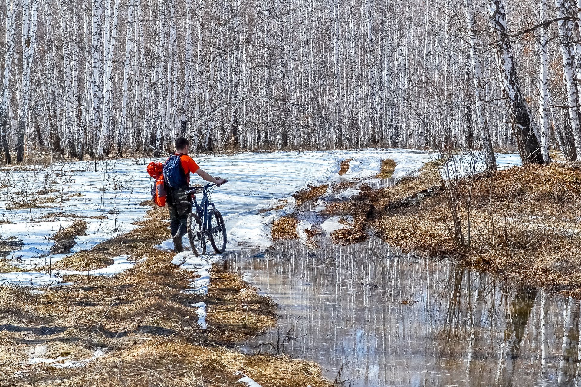 A man is riding a bike on a muddy path in the woods.