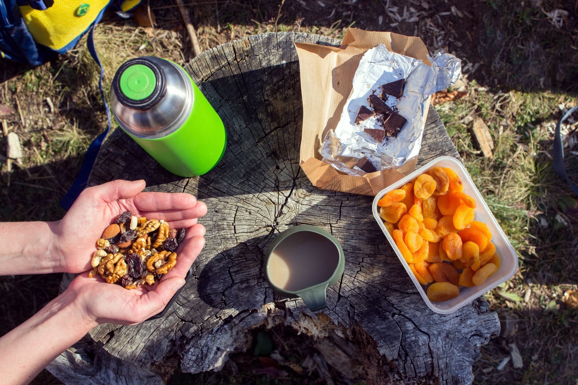 A person is holding nuts and apricots in their hands.